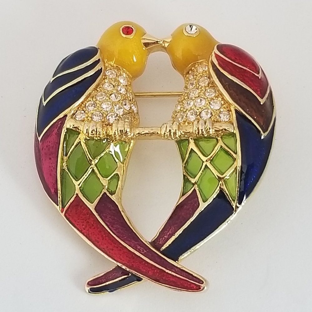 Gold Tone Enamel Rhinestone Parrot Brooch Pin